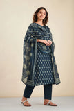 NAVY BLUE CHANDERI SUIT SET (WITH PANTS AND DUPATTA)