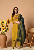 MUSTARD HANDLOOM COTTON EMBROIDERED SUIT