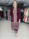 WINE WOOLEN KNITTED EMBROIDERED SUIT