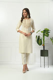 IVORY SELF EMBROIDERED COTTON KURTA WITH EMBROIDERED YOKE WITH PANT & DUPATTA