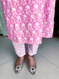 PINK COTTON PRINTED SUIT WITH EMBROIDERED YOKE