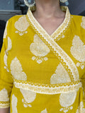 YELLOW COTTON PRINTED ANGRAKHA PATTERN KURTA WITH PANT