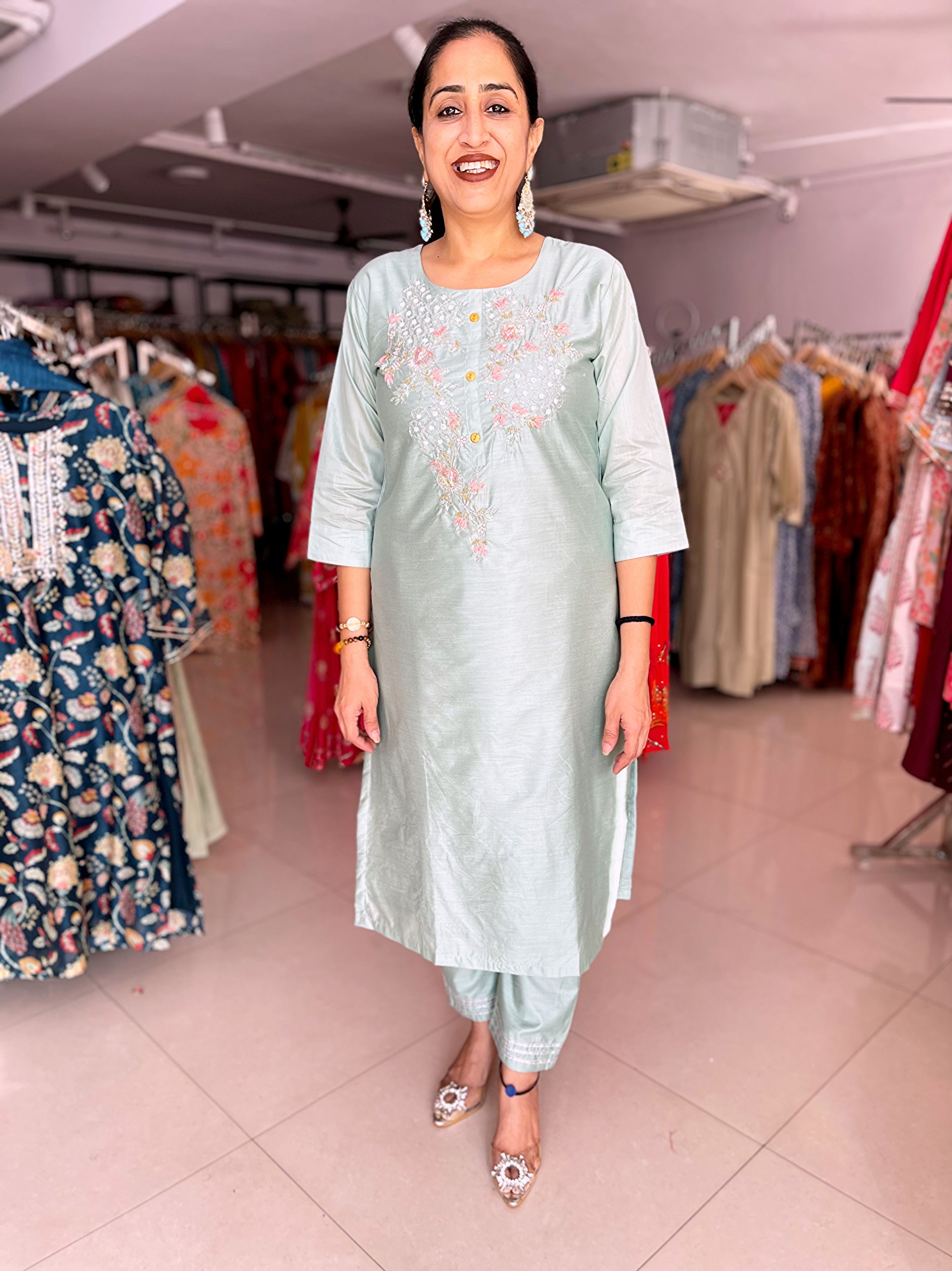 ICE GREEN SILK EMBROIDERED SUIT