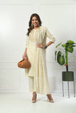 IVORY SELF EMBROIDERED COTTON KURTA WITH EMBROIDERED YOKE WITH PANT & DUPATTA