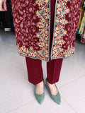 RUST COLOUR WOOLEN SHRUG WITH KASHMIRI EMBROIDERY AND WOOLEN INNER AND TROUSER