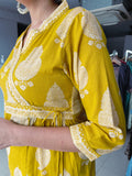 YELLOW COTTON PRINTED ANGRAKHA PATTERN KURTA WITH PANT