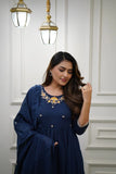 BLUE COTTON FLARED EMBROIDERED ANARKALI SUIT