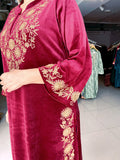 MAROON EMBROIDERED VELVET FIRAN WITH PANTS