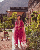 PINK PREMIUM CHANDERI PRINTED STRAIGHT KURTA WITH COTTON PANT AND PRINTED CHANDERI DUPATTA