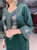 GREEN VELVET EMBROIDERED FIRAN WITH PANT