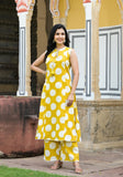 YELLOW COTTON POLKA DOTS PRINTED SLEEVELESS KURTA WITH PANT