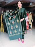 GREEN PREMIUM VELVET EMBROIDERED ANARKALI