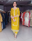 YELLOW SILK EMBROIDERED SUIT