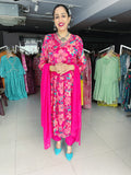 MAGENTA PRINTED CHINON ANARKALI SUIT