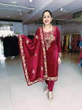 MAROON PREMIUM VELVET EMBROIDERED SUIT