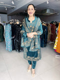 TEA GREEN EMBROIDERED VELVET SUIT