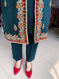 PEACOCK COLOUR WOOLEN SHRUG WITH KASHMIRI EMBROIDERY AND WOOLEN INNER AND TROUSER