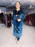 BLUE PRINTED AND EMBROIDERED VELVET SUIT