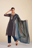 NAVY BLUE CHANDERI SUIT SET (WITH PANTS AND DUPATTA)