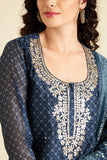 NAVY BLUE GOTA PATTI CHANDERI SUIT SET (WITH PANTS AND DUPATTA)