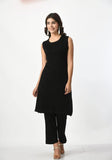 BLACK WOOLEN SHRUG WITH WHITE EMBROIDERY PAIRED WITH BLACK WOOLEN INNER AND TROUSER