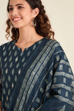 NAVY BLUE CHANDERI SUIT SET (WITH PANTS AND DUPATTA)