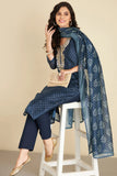 NAVY BLUE GOTA PATTI CHANDERI SUIT SET (WITH PANTS AND DUPATTA)