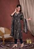 BROWN PRINTED MUSLIN SILK SUIT WITH EMBROIDERED V NECK LINE