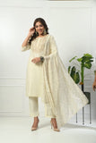 IVORY SELF EMBROIDERED COTTON KURTA WITH EMBROIDERED YOKE WITH PANT & DUPATTA