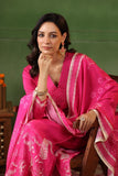 PINK PRINTED AND EMBROIDERED SILK A LINE SUIT