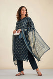 NAVY BLUE CHANDERI SUIT SET (WITH PANTS AND DUPATTA)