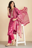 PINK HAND BLOCK PRINTED CHANDERI SUIT SET (WITH PANTS AND DUPATTA)