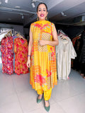 YELLOW PRINTED AND EMBROIDERED MUSLIN ANARKALI SUIT