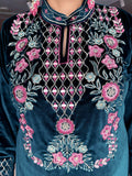 DARK TEAL EMBROIDERED VELVET SUIT