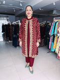 RUST COLOUR WOOLEN SHRUG WITH KASHMIRI EMBROIDERY AND WOOLEN INNER AND TROUSER