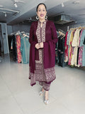 WINE WOOLEN KNITTED EMBROIDERED SUIT