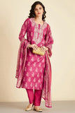 PINK HAND BLOCK PRINTED CHANDERI SUIT SET (WITH PANTS AND DUPATTA)