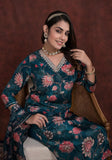 GREYISH BLUE FLORAL PRINT CREPE SUIT WITH EMBROIDERED V NECK