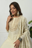 IVORY SELF EMBROIDERED COTTON KURTA WITH EMBROIDERED YOKE WITH PANT & DUPATTA