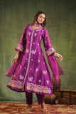 DEEP  PURPLE FULLY EMBROIDERED DESIGNER A LINE SILK SUIT