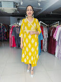 YELLOW COTTON PRINTED ANGRAKHA PATTERN KURTA WITH PANT