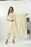 IVORY SELF EMBROIDERED COTTON KURTA WITH EMBROIDERED YOKE WITH PANT & DUPATTA