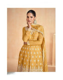 MUSTARD CHINON FULLY EMBROIDERED FLARED SUIT WITH DIVIDER