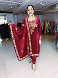 MAROON PREMIUM VELVET EMBROIDERED SUIT