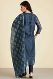 NAVY BLUE GOTA PATTI CHANDERI SUIT SET (WITH PANTS AND DUPATTA)