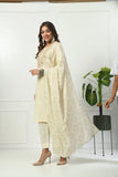 IVORY SELF EMBROIDERED COTTON KURTA WITH EMBROIDERED YOKE WITH PANT & DUPATTA