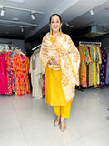 MUSTARD YELLOW PRINTED CHANDERI KURTA WITH PANT AND CHANDERI DUPATTA