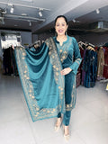 TEA GREEN EMBROIDERED VELVET SUIT