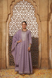 LAVENDER COTTON SCHIFFLI FLARED ANARKALI EMBROIDERED SUIT