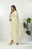 IVORY SELF EMBROIDERED COTTON KURTA WITH EMBROIDERED YOKE WITH PANT & DUPATTA